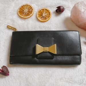 Chloe Wallet Black Leather Gold Bow Bobbie Zip Around Continental Lambskin